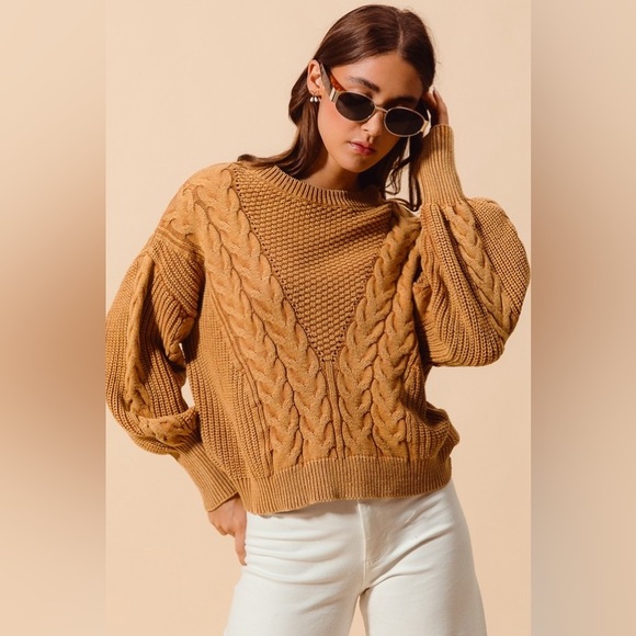 NWT So Me Camel Brown Mineral Washed Cable Knit Ribbed Boho Bubble Sweater XL - Picture 1 of 7